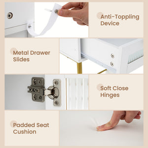 Modern Makeup Vanity Desk with Mirror and Lights and Stool Set-White