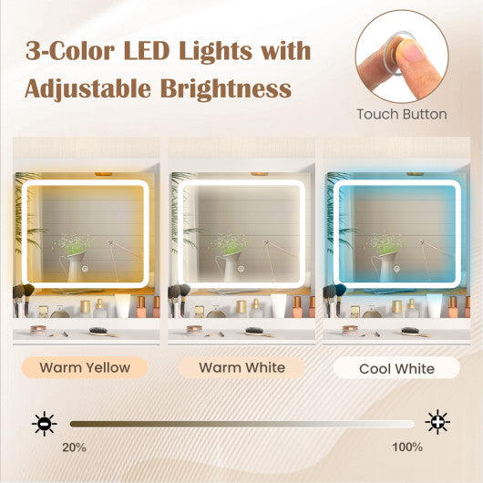 Modern Makeup Vanity Desk with Mirror and Lights and Stool Set-White