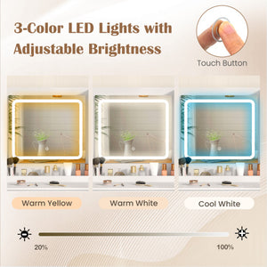 Modern Makeup Vanity Desk with Mirror and Lights and Stool Set-White