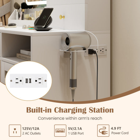 Modern Makeup Vanity Desk with Mirror and Lights and Stool Set-White