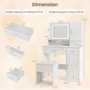 Makeup Vanity Desk with Mirror and Lights Dressing Table and Stool Set-White