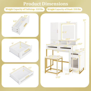 Makeup Vanity Desk Dressing Table and Stool Set with Lighted Mirror-White