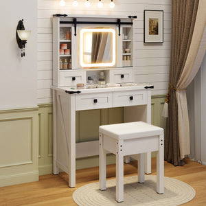 Makeup Vanity Desk with Mirror and Adjustable Storage Shelves-White