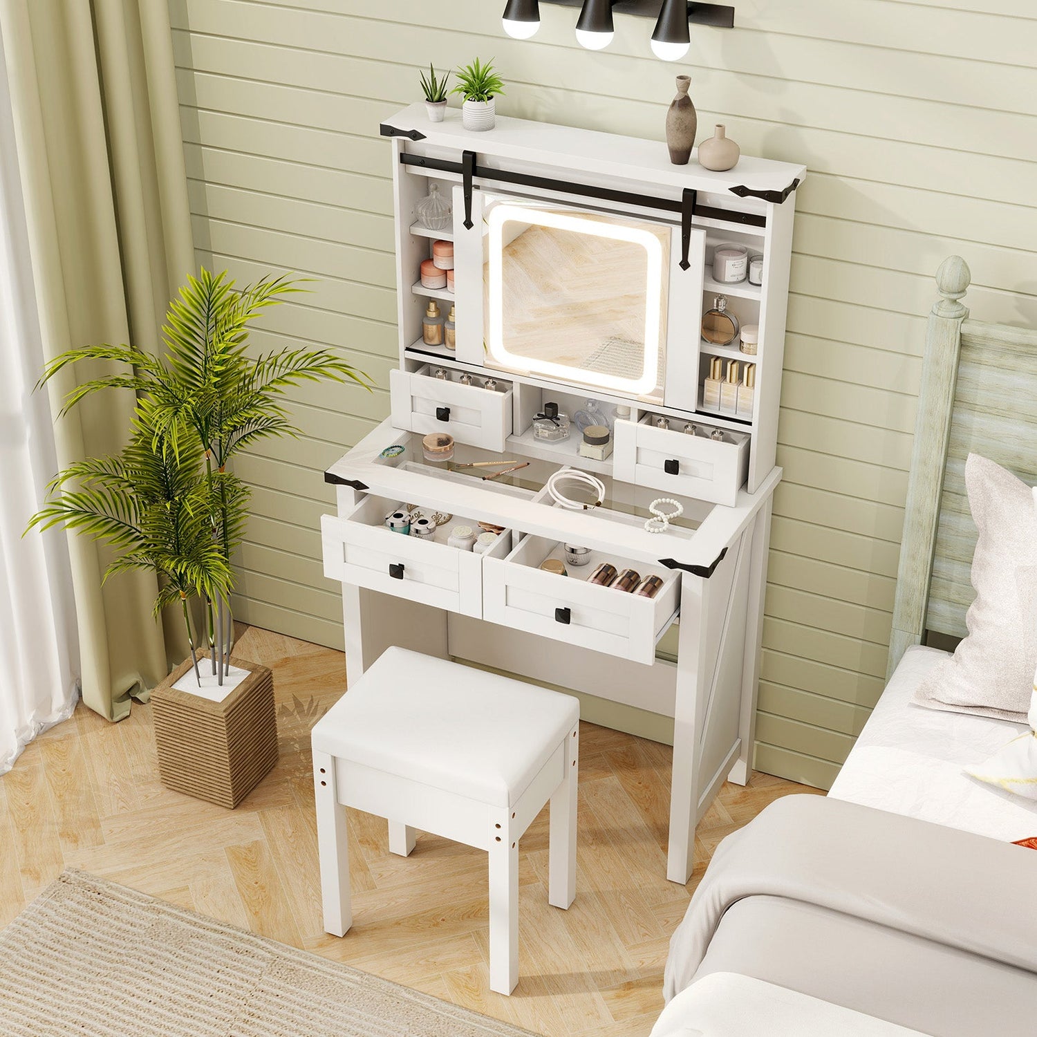 Makeup Vanity Desk with Mirror and Adjustable Storage Shelves-White