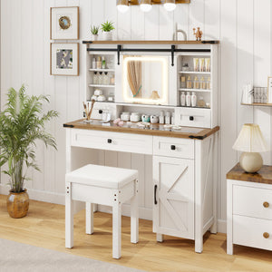 Makeup Vanity Desk with Mirror and 3-Color Dimmable LED Lights-White