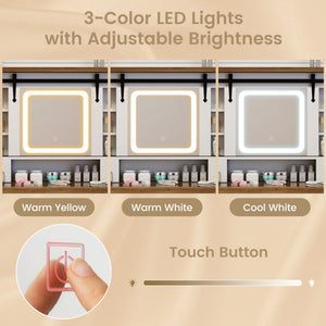 Makeup Vanity Desk with Mirror and 3-Color Dimmable LED Lights-White