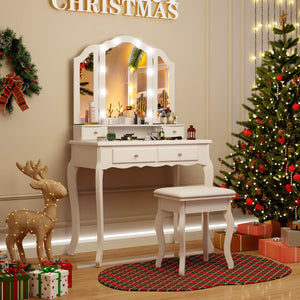 Makeup Vanity Table Set with Lighted Mirror and Drawers-White