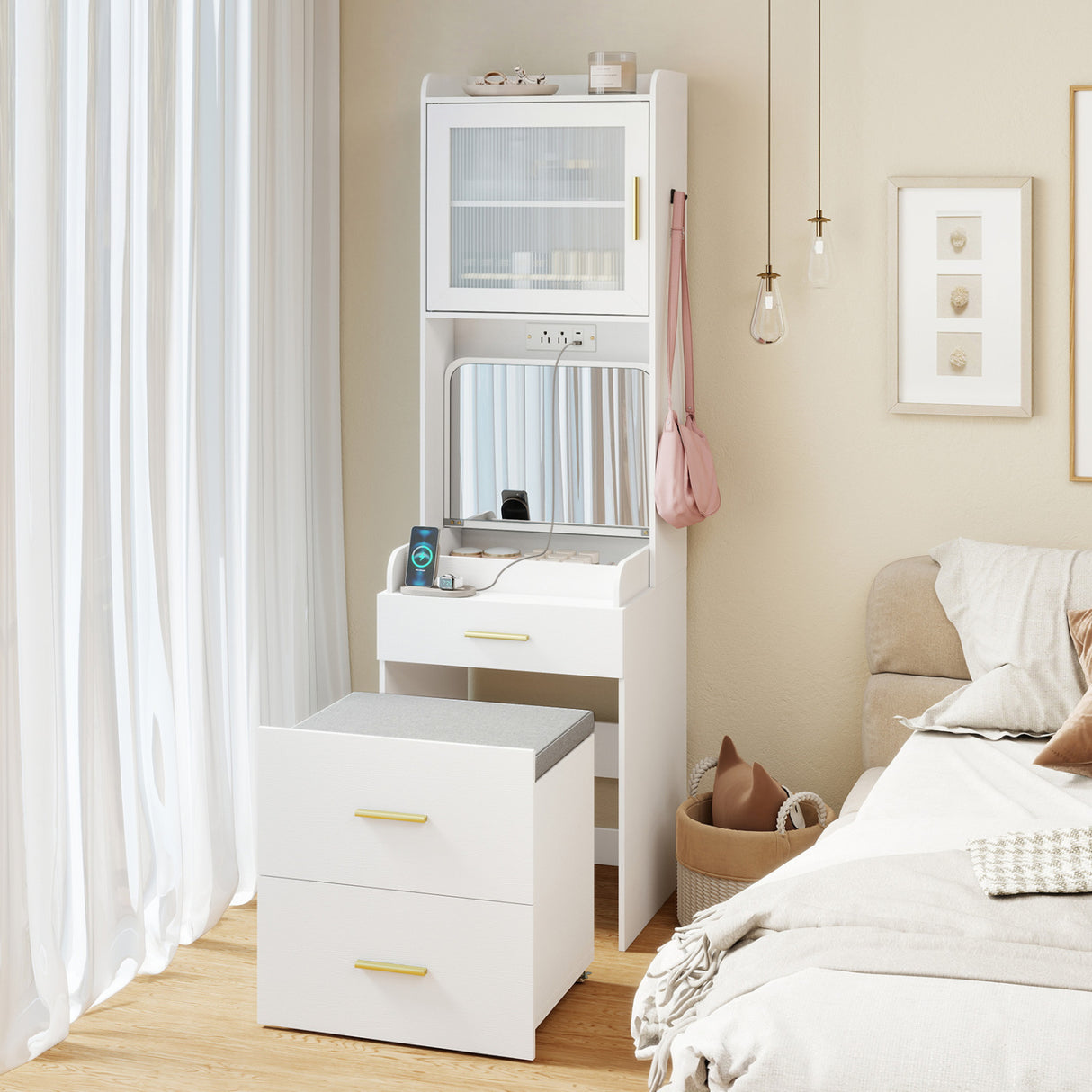Makeup Vanity with Power Outlets and Flip-top Mirror and Storage Stool-White