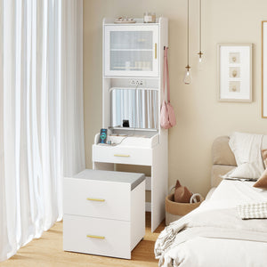 Makeup Vanity with Power Outlets and Flip-top Mirror and Storage Stool-White