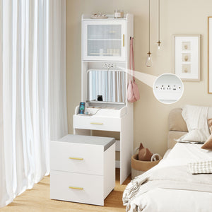 Makeup Vanity with Power Outlets and Flip-top Mirror and Storage Stool-White