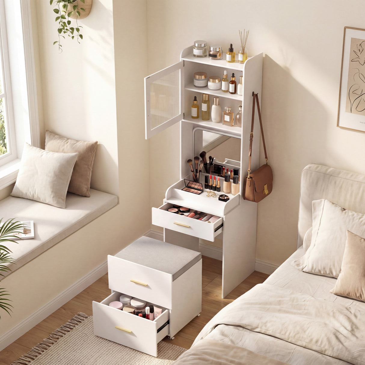 Makeup Vanity with Power Outlets and Flip-top Mirror and Storage Stool-White