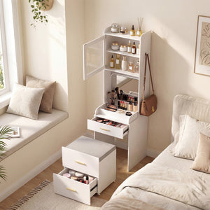 Makeup Vanity with Power Outlets and Flip-top Mirror and Storage Stool-White