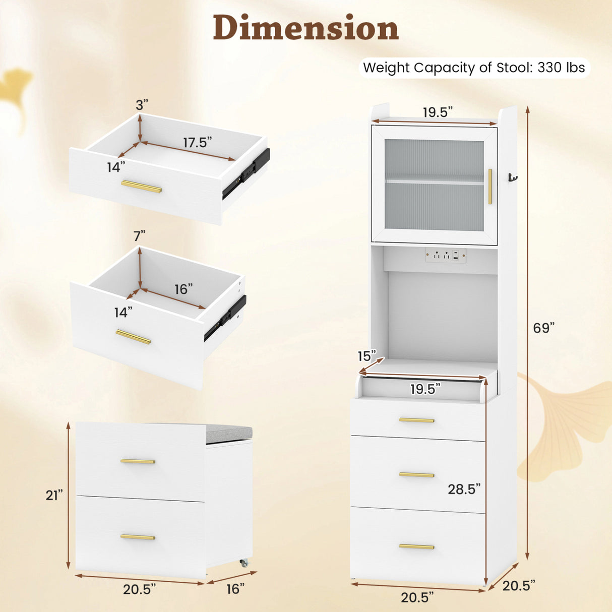 Makeup Vanity with Power Outlets and Flip-top Mirror and Storage Stool-White