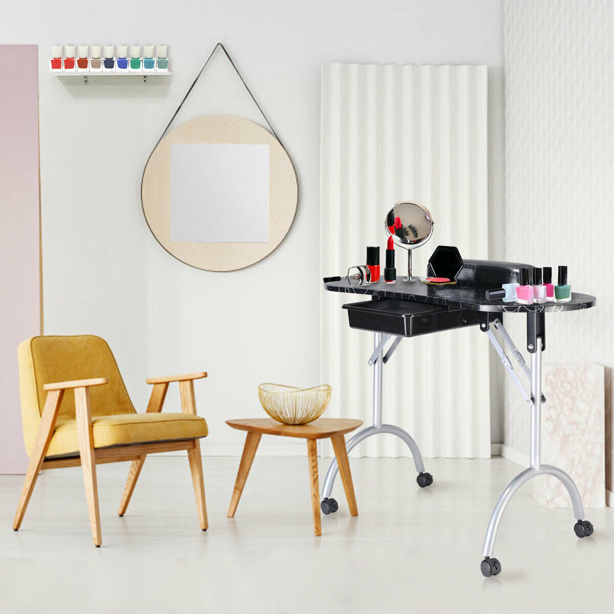 Foldable Portable Manicure Table with Drawer Casters and Cushion-Black