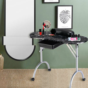 Foldable Portable Manicure Table with Drawer Casters and Cushion-Black