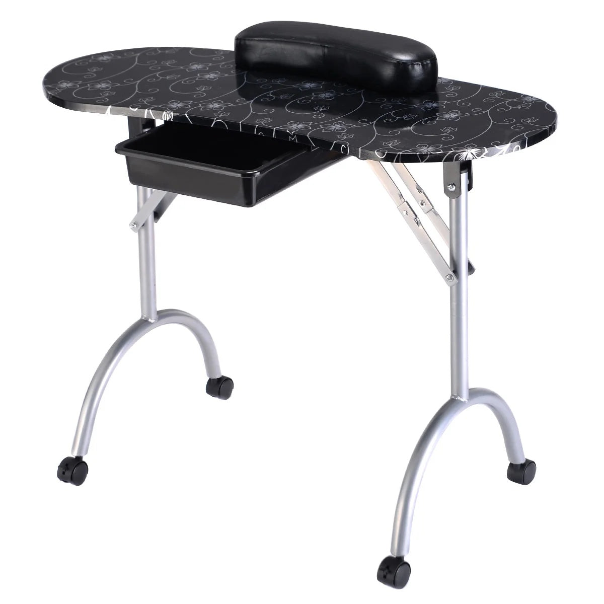 Foldable Portable Manicure Table with Drawer Casters and Cushion-Black