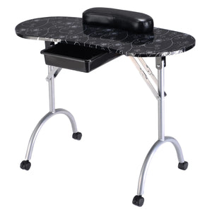 Foldable Portable Manicure Table with Drawer Casters and Cushion-Black