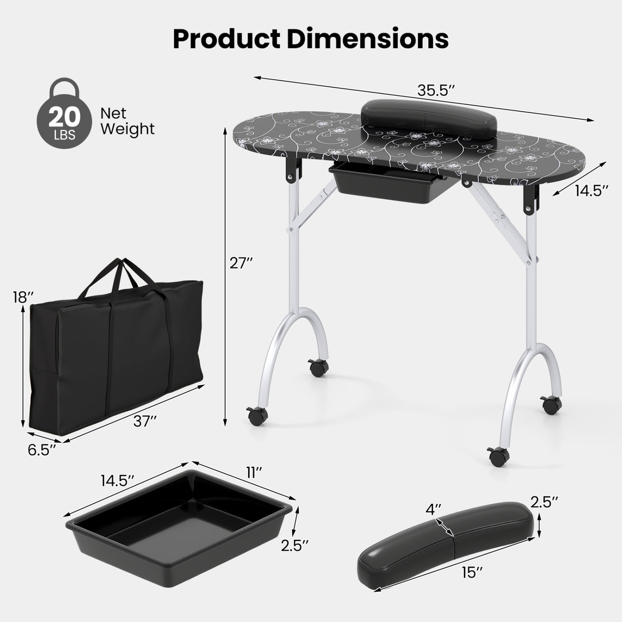 Foldable Portable Manicure Table with Drawer Casters and Cushion-Black