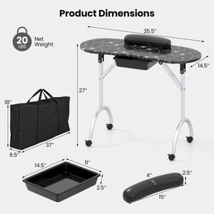 Foldable Portable Manicure Table with Drawer Casters and Cushion-Black