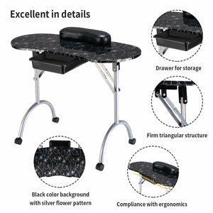Foldable Portable Manicure Table with Drawer Casters and Cushion-Black
