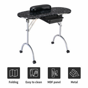Foldable Portable Manicure Table with Drawer Casters and Cushion-Black