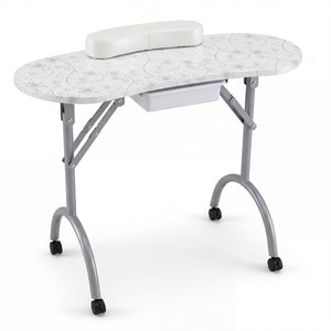 Foldable Portable Manicure Table with Drawer Casters and Cushion-Black
