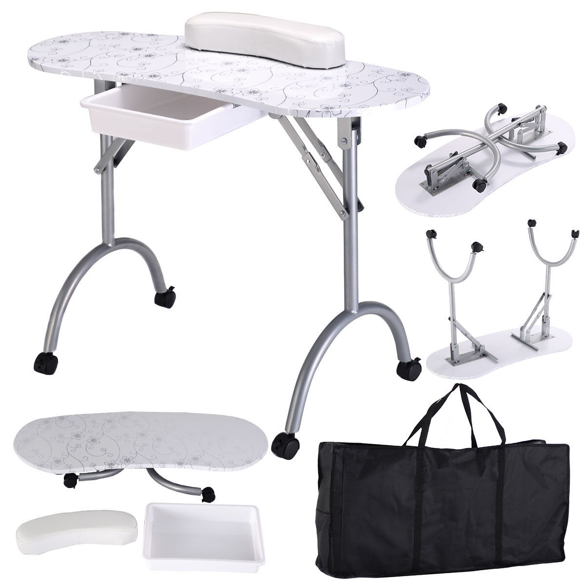 Foldable Portable Manicure Table with Drawer Casters and Cushion-Black