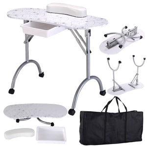 Foldable Portable Manicure Table with Drawer Casters and Cushion-Black