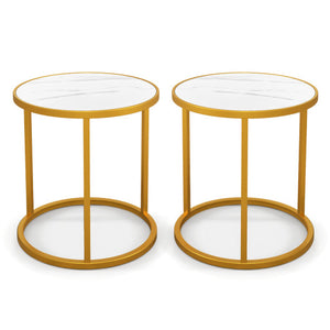 Marble Top Round Side Table 16-Inch End Table with Golden Metal Frame-2 Pieces