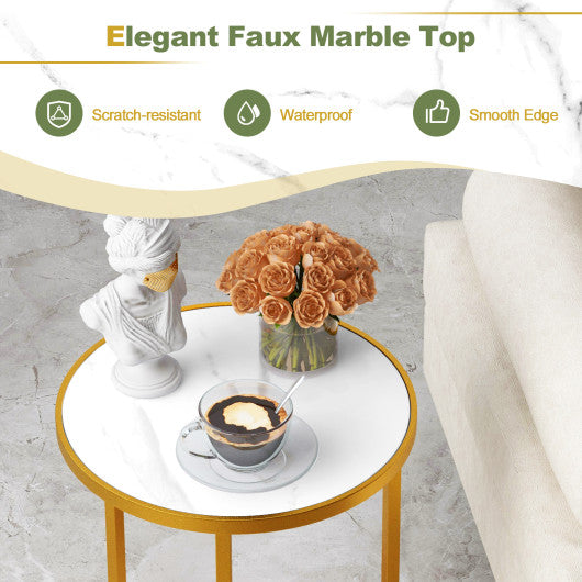 Marble Top Round Side Table 16-Inch End Table with Golden Metal Frame-2 Pieces