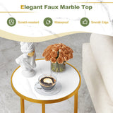 Marble Top Round Side Table 16-Inch End Table with Golden Metal Frame-2 Pieces