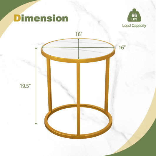 Marble Top Round Side Table 16-Inch End Table with Golden Metal Frame-2 Pieces
