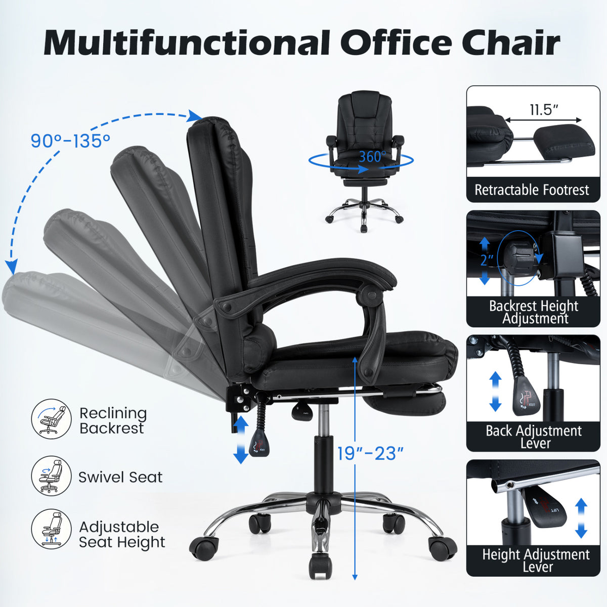 Massage Office Chair with Footrest & Reclining Backrest and Swivel Seat-Black