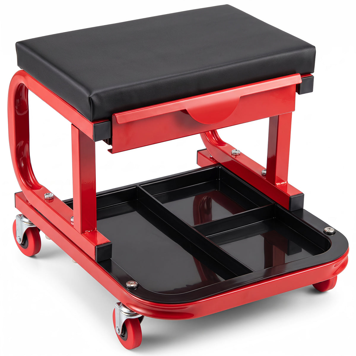 Mechanic Rolling Stool with Tool Trays and Magnetic Drawer for Garage-Red