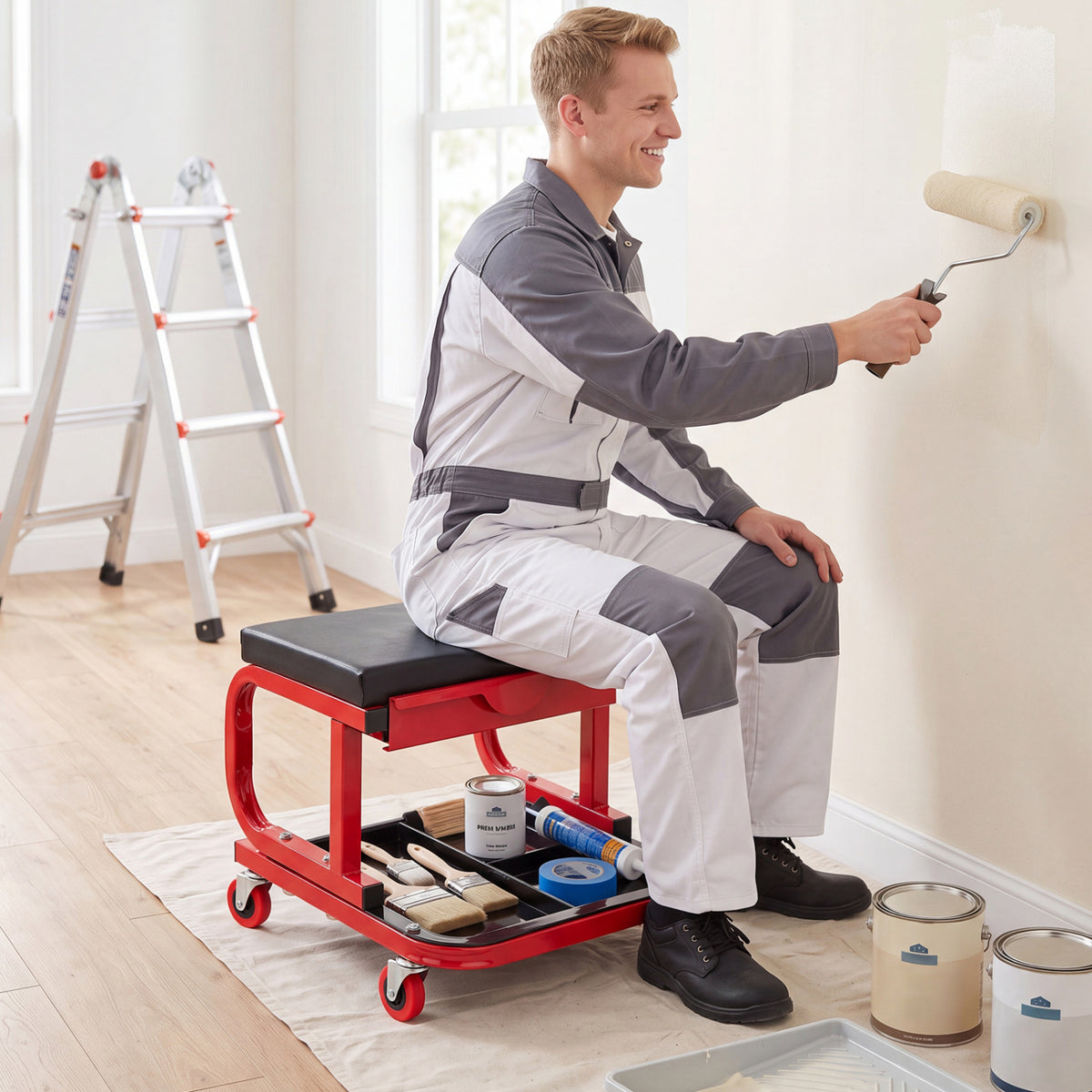 Mechanic Rolling Stool with Tool Trays and Magnetic Drawer for Garage-Red