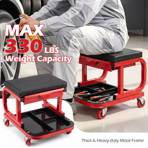 Mechanic Rolling Stool with Tool Trays and Magnetic Drawer for Garage-Red
