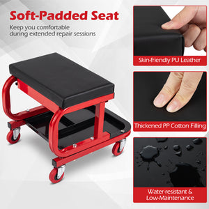 Mechanic Rolling Stool with Tool Trays and Magnetic Drawer for Garage-Red