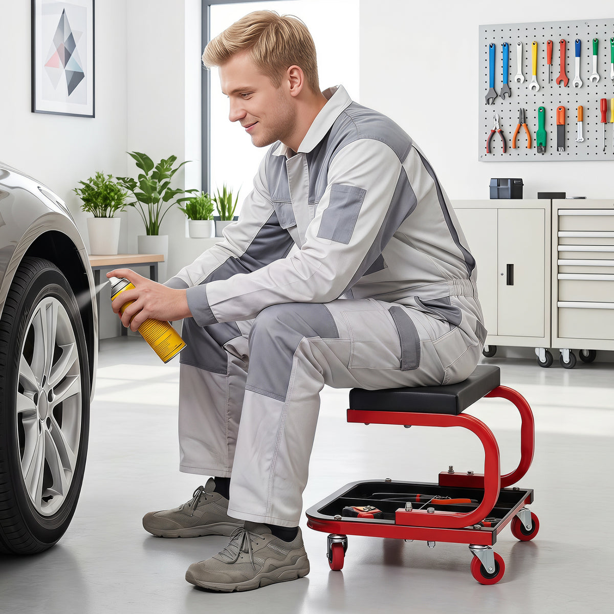 Mechanic Rolling Stool with Tool Trays and Magnetic Drawer for Garage-Red