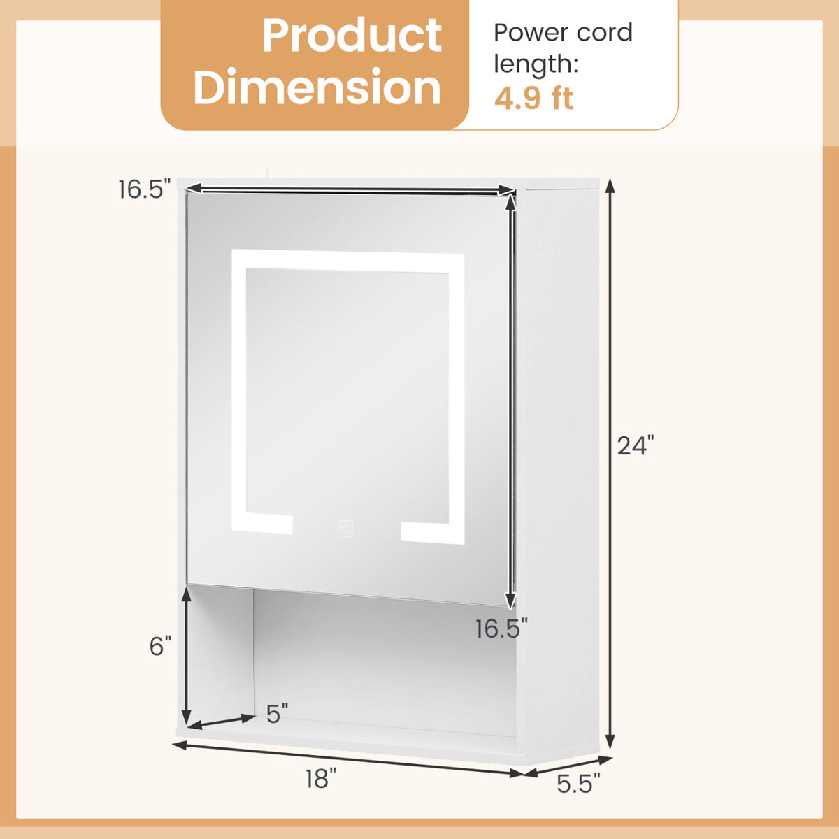Medicine Cabinet with Mirror and 3 Color LED Lights Recessed or Wall Mounted-White