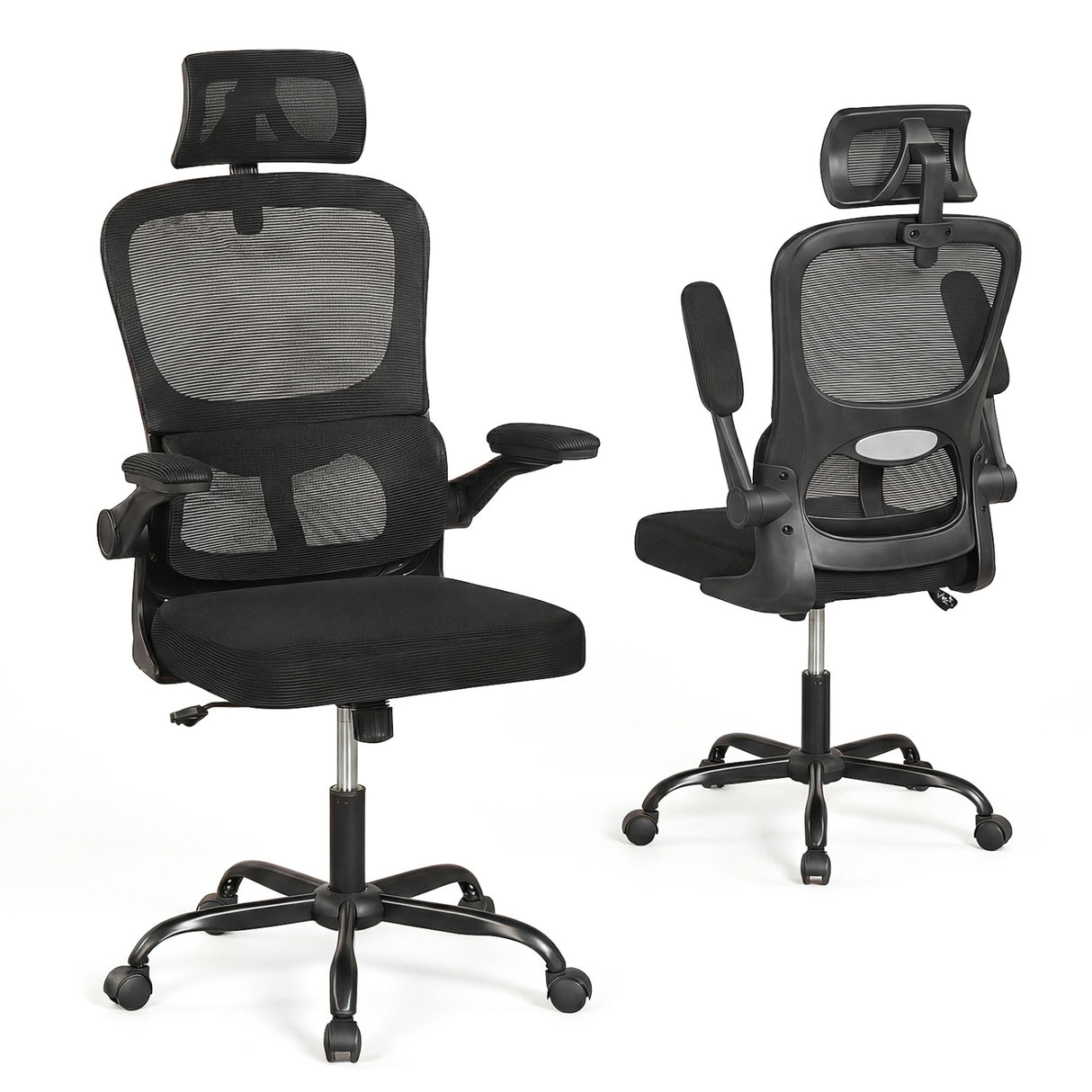 Mesh Office Chair with Adaptive Lumbar Support  Flip-up Armrests  Reclining Backrest-Black