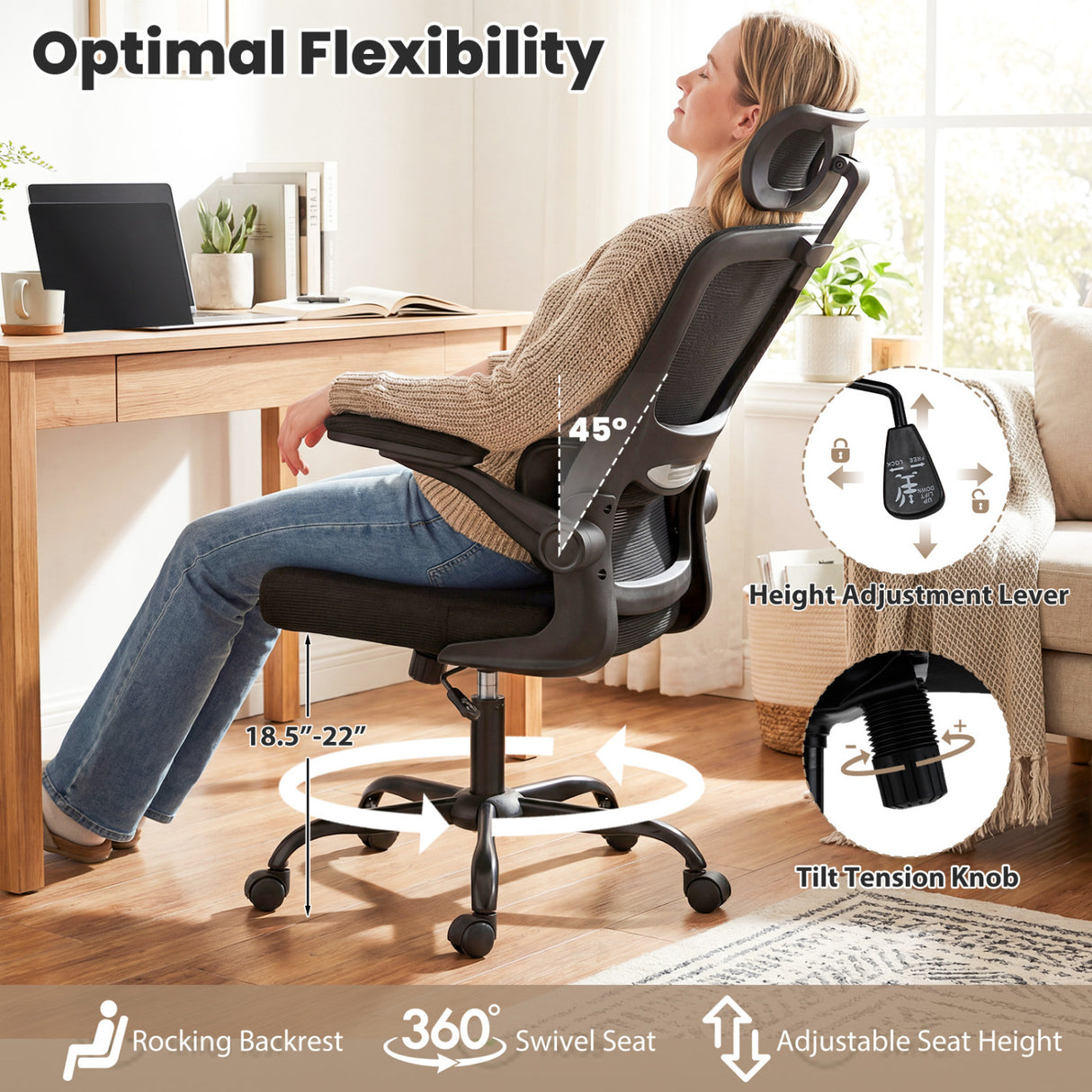 Mesh Office Chair with Adaptive Lumbar Support  Flip-up Armrests  Reclining Backrest-Black