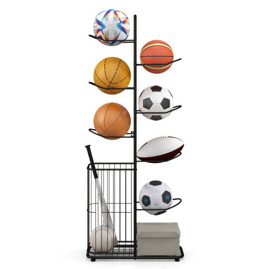 Metal Basketball Holder with 7 Removable Hanging Rods and Side Ball Basket