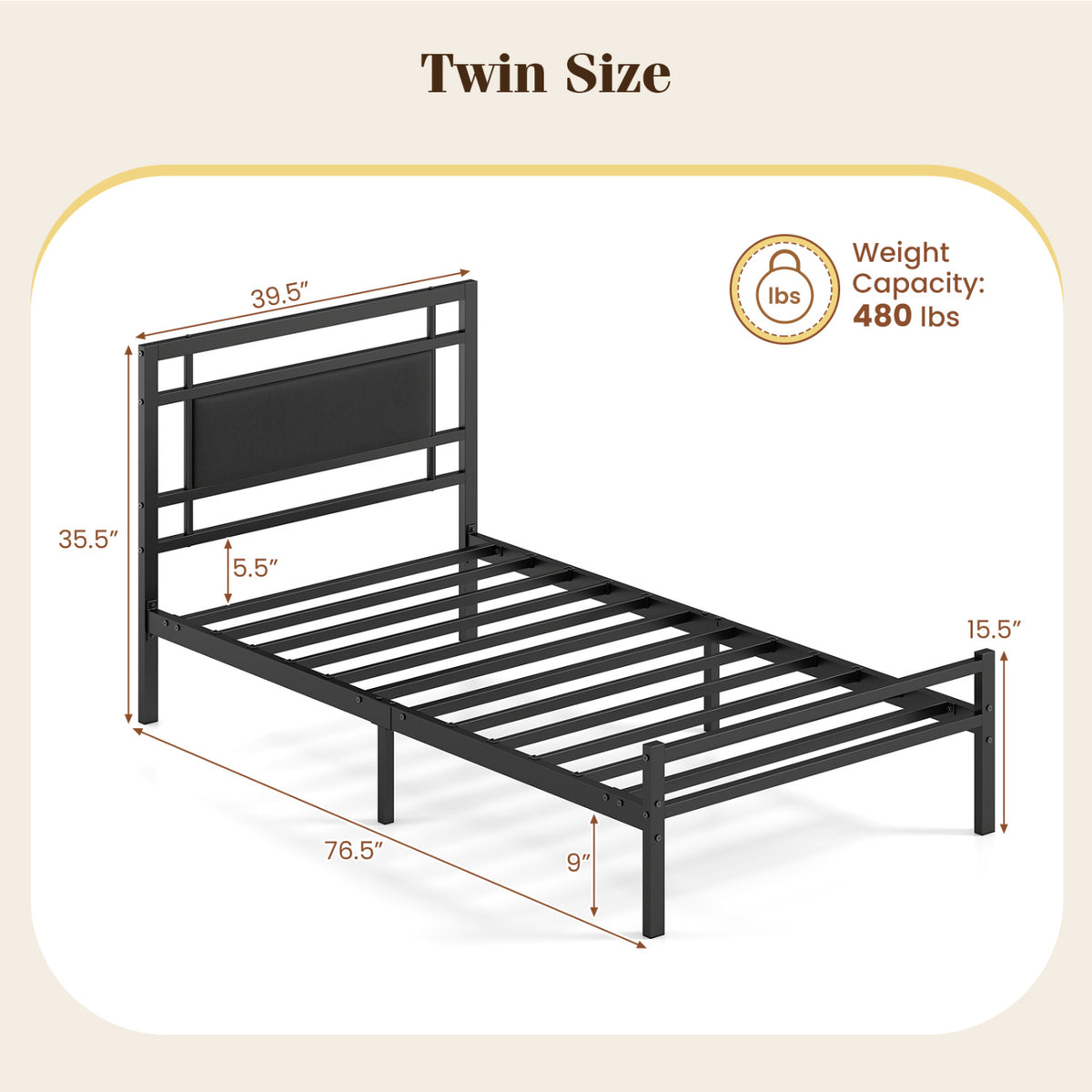 Metal Bed Frame with Upholstered Headboard-Twin Size