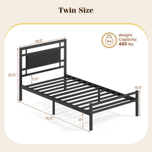 Metal Bed Frame with Upholstered Headboard-Twin Size