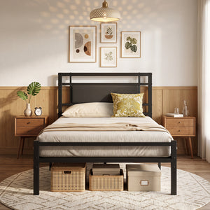 Metal Bed Frame with Upholstered Headboard-Twin Size