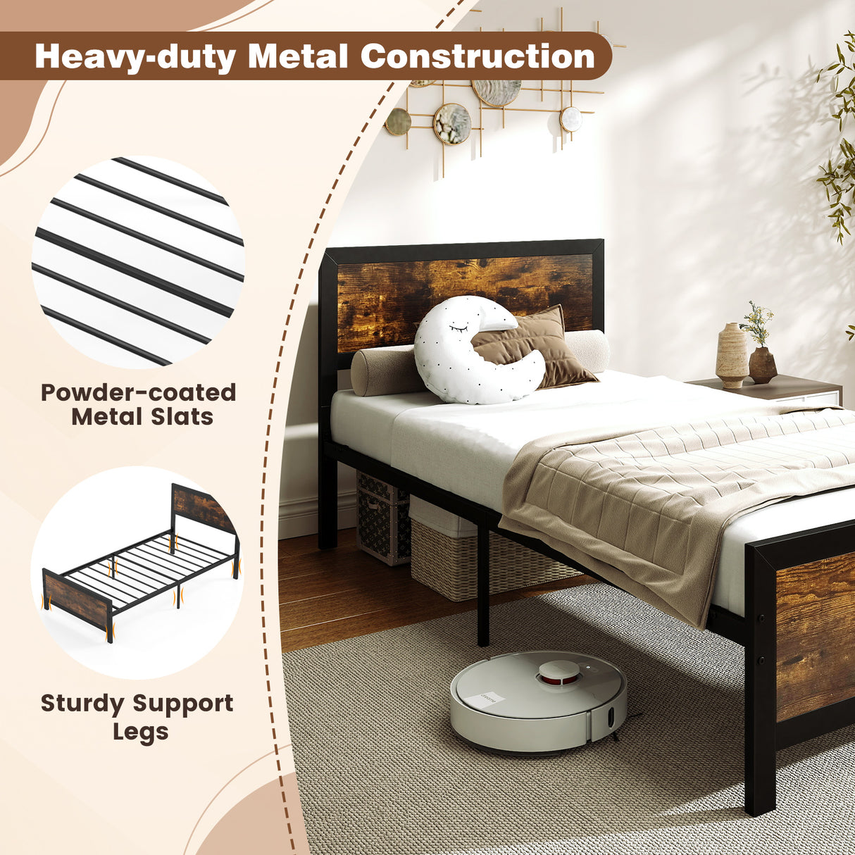 Metal Bed Frame with Headboard and Footboard-Twin Size