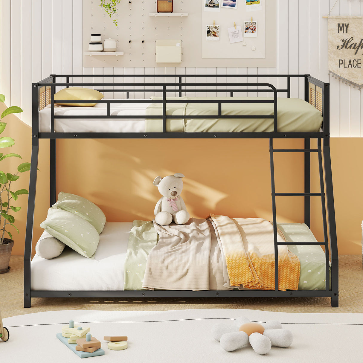 Metal Bunk Bed Twin Over Full with Full Length Safety Guardrail and Ramp Ladder-Black