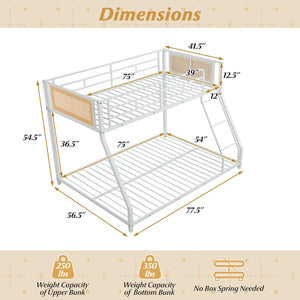 Metal Bunk Bed Twin Over Full with Full Length Safety Guardrail and Ramp Ladder-White