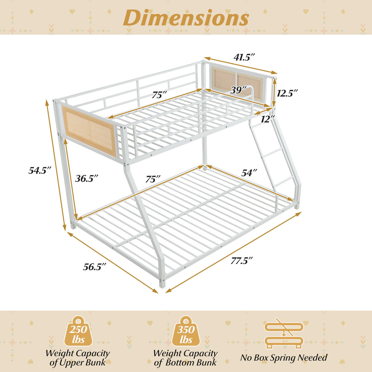 Metal Bunk Bed Twin Over Full with Full Length Safety Guardrail and Ramp Ladder-White