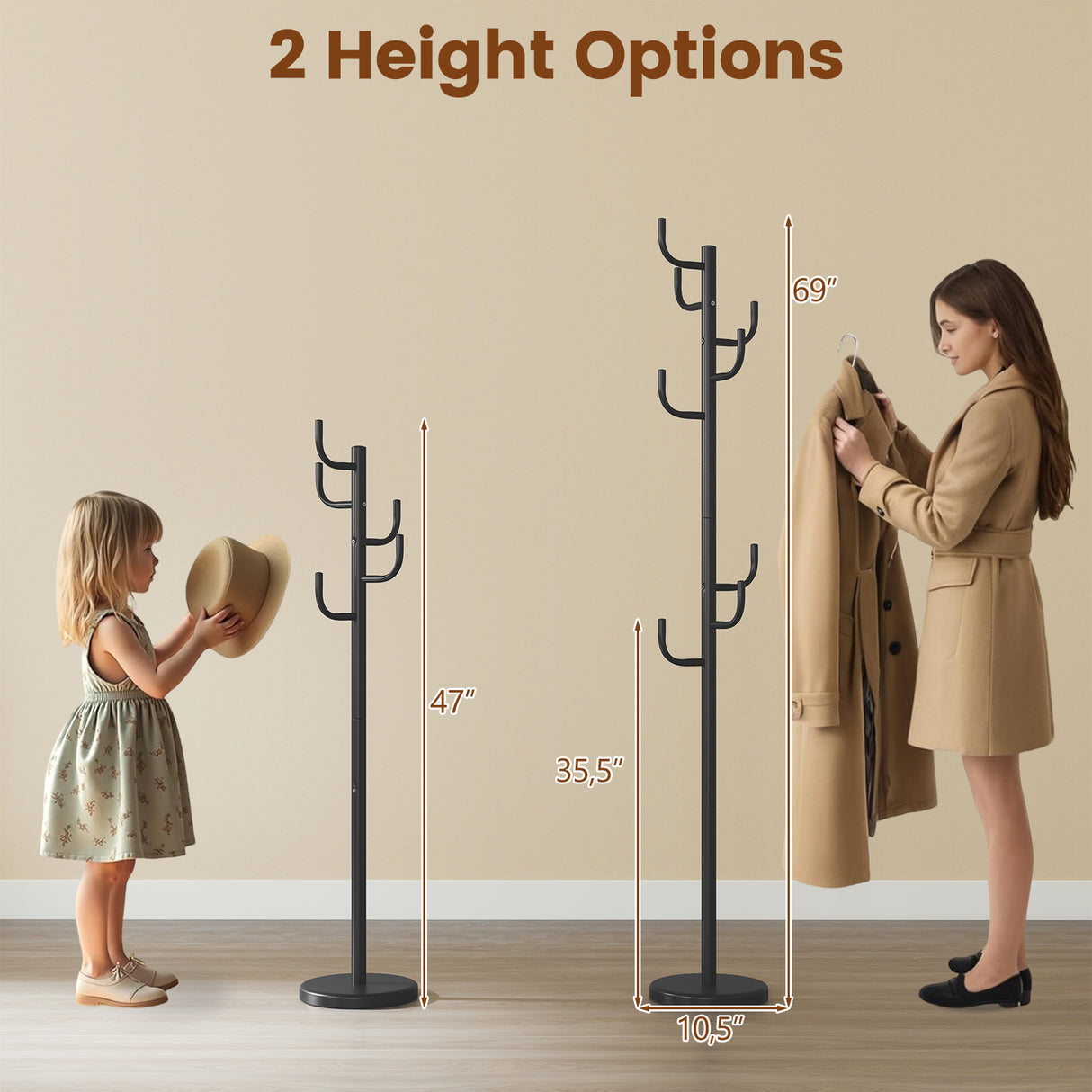 Metal Coat Rack Stand with 8 Sturdy Hooks and Metal Base